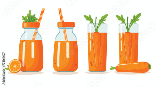 Carrot juice for small children in glass packaging. Flat