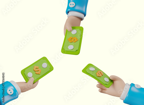 3D hands holding dollars. Buyers pay with greenbacks. Set of vector objects of different angles