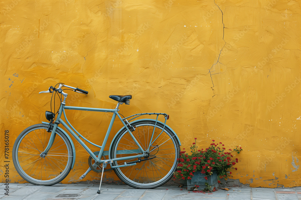 A vintage bicycle leaning against a weathered yellow wall, bathed in the warmth of a soft-2
