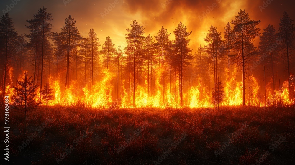 a fire burning in the middle of a forest filled with lots of orange and yellow fire raging through a forest filled with lots of tall trees. a fire burning in the middle of a forest filled with lots of orange and yellow fire raging through a forest filled with lots of tall trees.