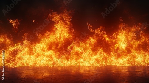 a large amount of fire burning over a body of water in front of a dark sky with a reflection in the water.