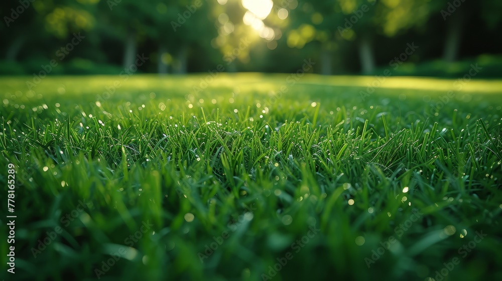 a field of green grass with the sun shining through the trees on the other side of the grass is dewdrops on the grass.
