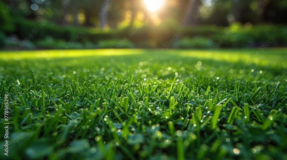 Naklejka premium the sun shines through the trees in the background of a green lawn with grass and water droplets on it.