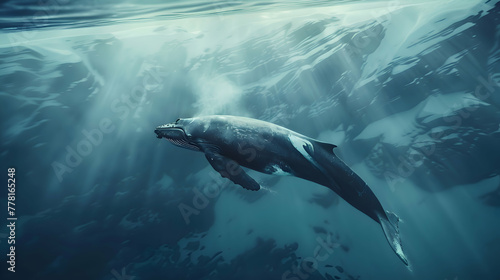 The tranquil beauty of a bowhead whale cruising through crystal-clear Arctic waters, its massive form contrasting against the blurred, dreamlike expanse of the underwater world