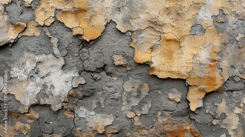 a close up of a wall with yellow and gray paint peeling off of it's sides and peeling off of it's sides.