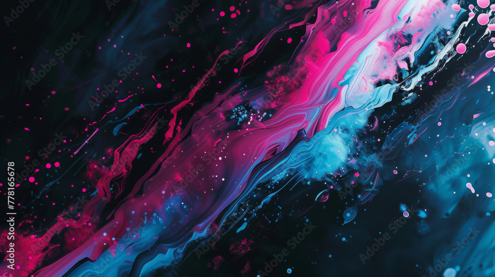 Vibrant abstract paint design with cosmic swirls of pink and blue hues