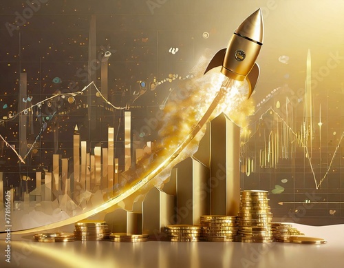 Digital illustration of a rocket taking off among piles of gold coins against a backdrop of rising stock market graphs photo