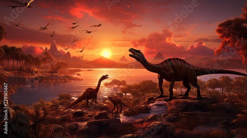 A breathtaking sunset over a landscape filled with dinosaurs