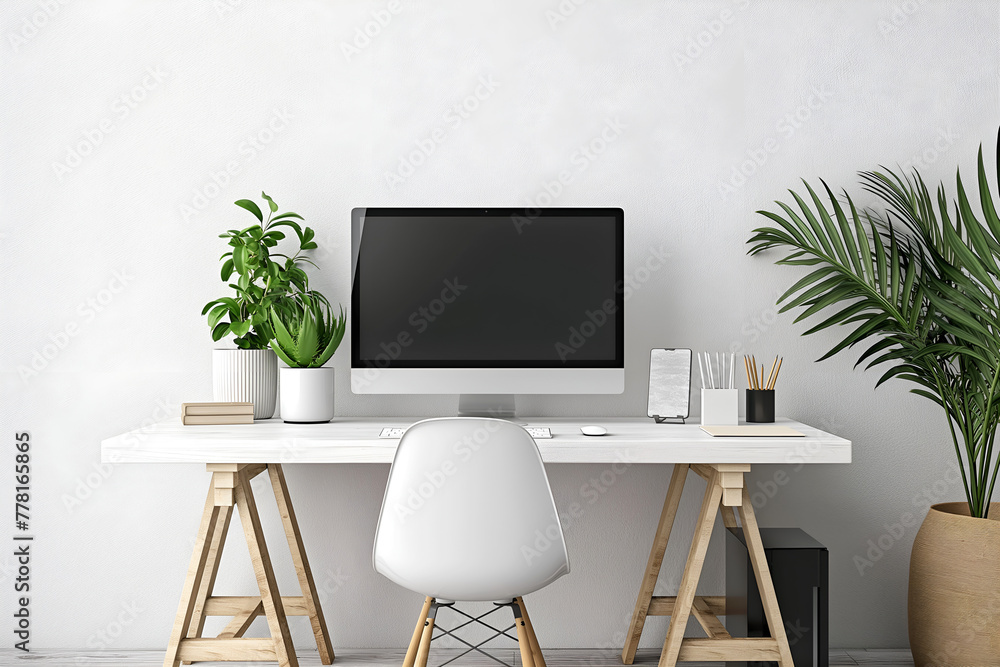 Fototapeta premium Office Space Room, Empty Wall Mockup In White Room With White Office Desk And Office Chair, 3d Render Real Room Template