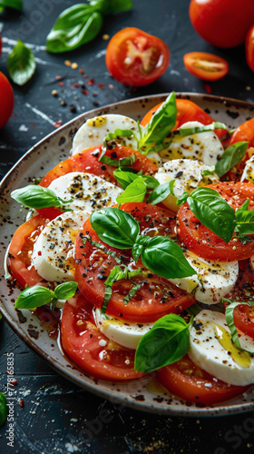 A beautifully plated caprese salad with ripe tomatoes, fresh mozzarella, and basil leaves