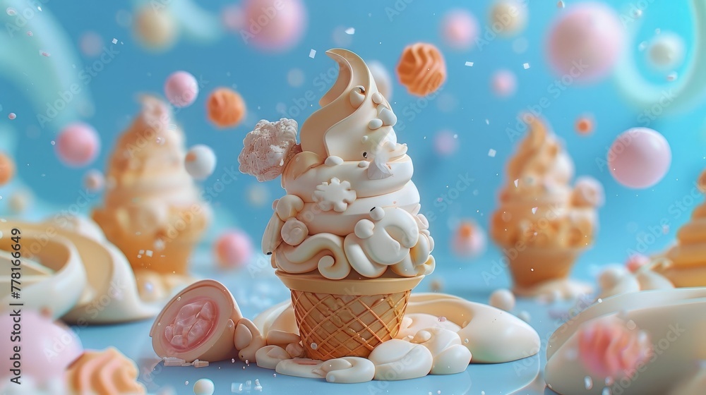 Surreal Clay Ice Cream Cone Composition with Dreamlike Textures and Shapes