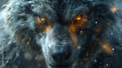 a close - up of a wolf's face with yellow eyes and snow flakes on it's fur. photo
