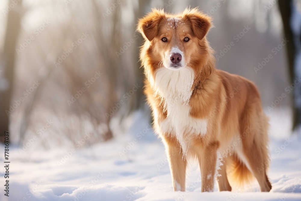 Portrait of a red border collie dog standing in the snow Portrait of a red border collie dog standing in the snow