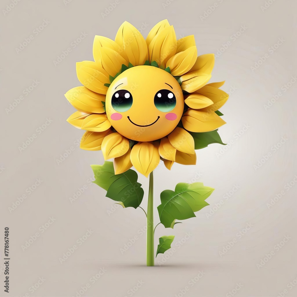 happy and smiling 3D sunflower,on a plain light gray background