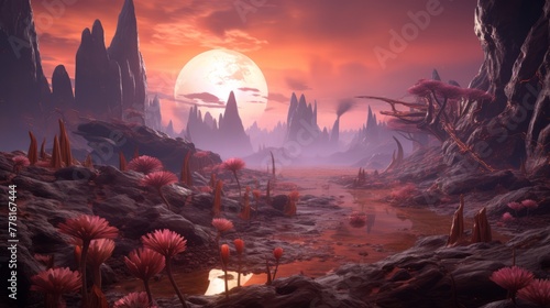 A digital landscape featuring an otherworldly alien planet