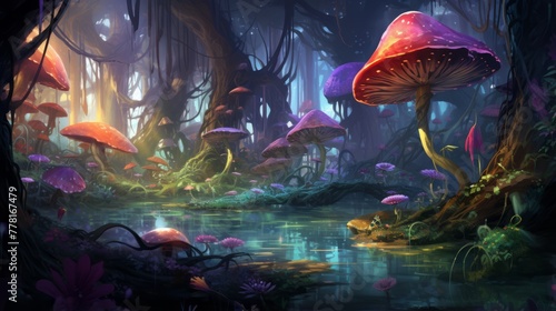 A digital painting of a fantasy forest with enchanted creatures