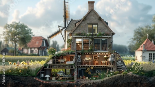 A house with a windmill on top and a garden on the roof. The house is very big and has many rooms
