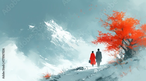 a painting of a man and a woman walking down a snow covered hill with a red tree in the foreground.