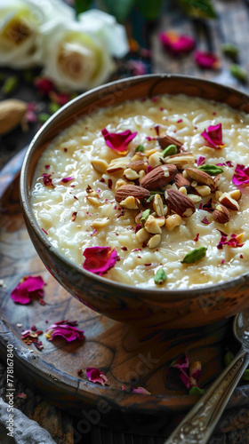 A bowl of creamy and aromatic rice kheer, flavored with cardamom and garnished with chopped nuts and dried rose petals, delicious food style, blur background, natural look