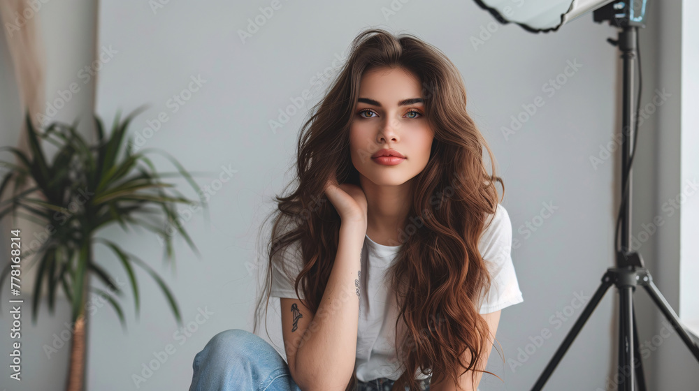 Naklejka premium Adorable girl's expression on a plain background. A cute depiction of innocence and charm.