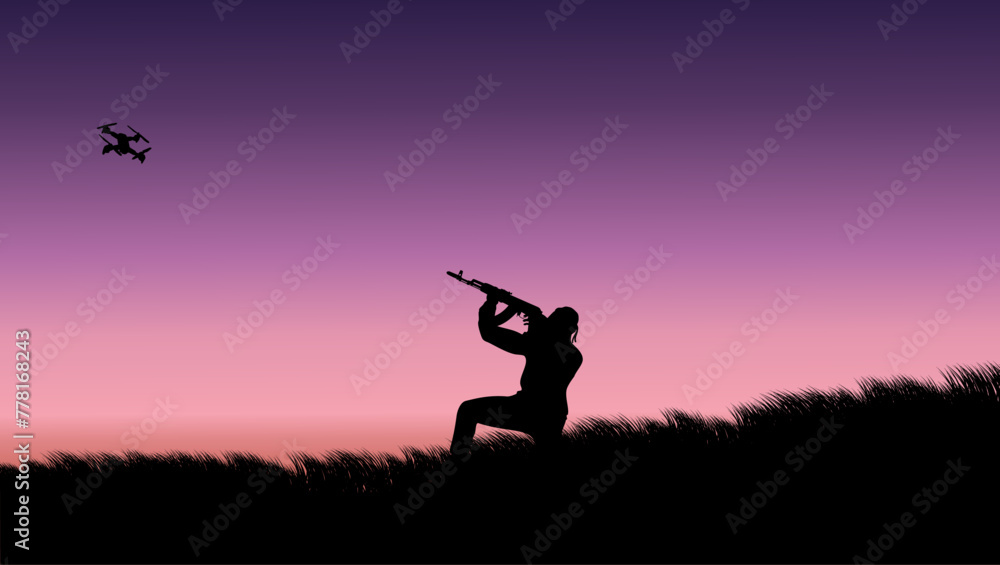 quadcopter attacks soldier, flat color illustration quadcopter attacks soldier, flat color illustration