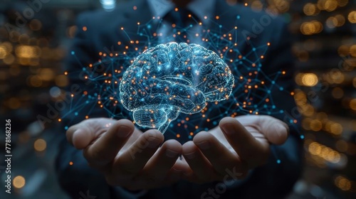 a man in a suit is holding out his hand with a glowing brain in the middle of the palm of his hand.