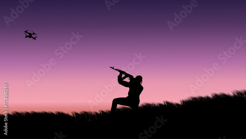quadcopter attacks soldier, flat color illustration