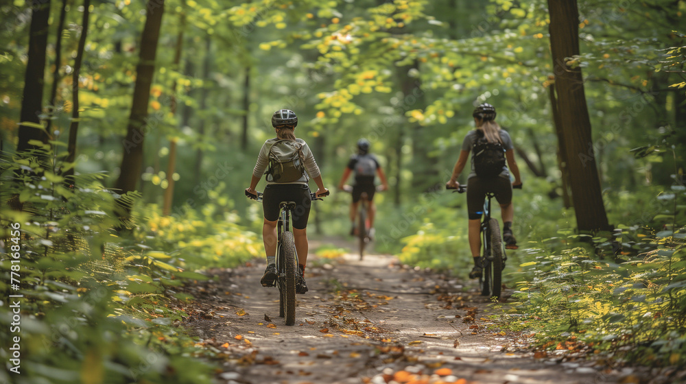 Obraz premium An enchanted forest path winds gracefully, beckoning cyclists into a world of adventure and discovery-1