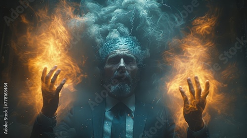 a man in a suit with his hands up in front of his face with flames coming out of his hands.