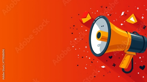 a red background with a yellow and black bullhorn and a red and white background with confetti on it. photo