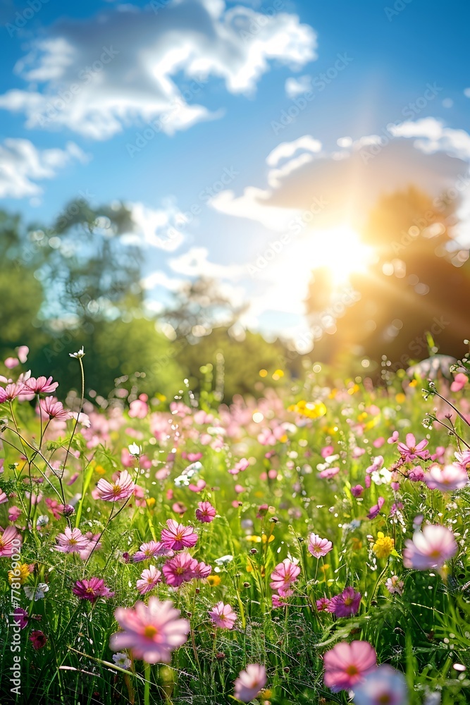 Summer meadow with vibrant flowers and sun flare in nature