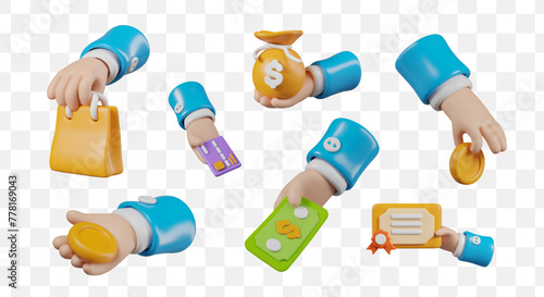 Collection of realistic hands of buyers, customers with different items