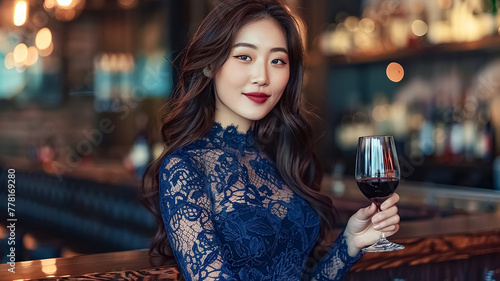Beautiful Korean woman in a navy blue lace dress with a glass of wine