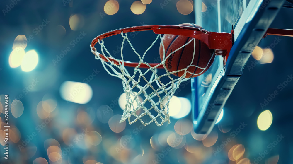 Close-up of a basketball hitting the basket against a bokeh background. Sports event concept. Generative AI