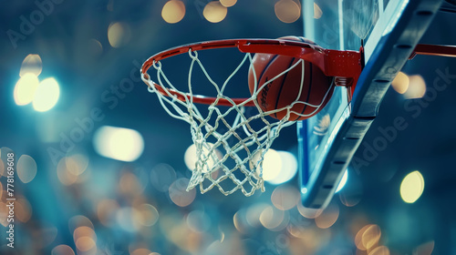 Close-up of a basketball hitting the basket against a bokeh background. Sports event concept. Generative AI © AngrySun