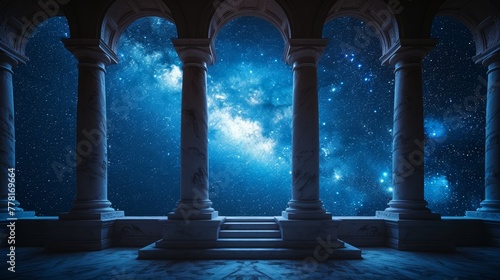 an empty room with pillars and pillars in front of a night sky filled with stars and the stars in the sky. photo