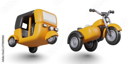 Realistic yellow auto rickshaw car, motorcycle with sidecar. Set of three wheeled vehicles
