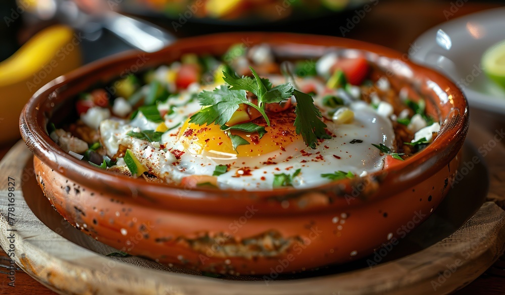 Traditional shakshuka dish in a clay pot on the table. The concept of Middle Eastern cuisine. Traditional shakshuka dish in a clay pot on the table. The concept of Middle Eastern cuisine.