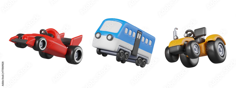 Set of vehicles in motion. Realistic racing car, train, tractor