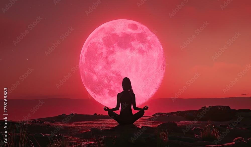 Silhouette of a person in a meditative pose against a setting sun and large pink moon. The concept of tranquility and relaxation.