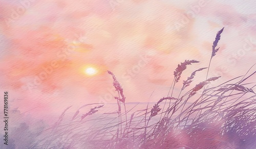 Watercolor painting of the sun and grass against a dawn sky. The concept of morning freshness.