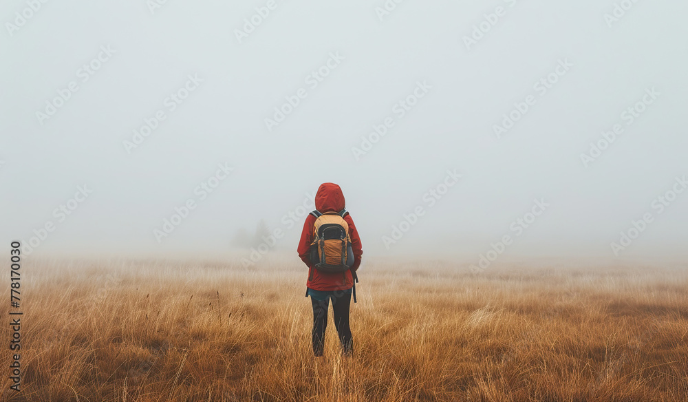 Traveler in a red cloak walking through a field of tall grass in foggy weather. The concept of solitude and contemplation. - obrazy, fototapety, plakaty 