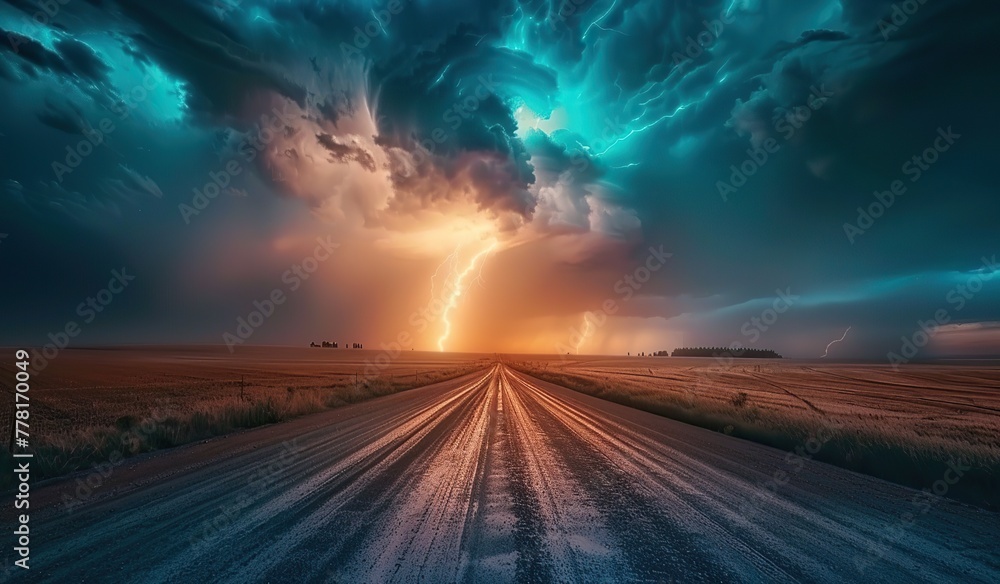 Storm clouds and lightning over a dirt road. The concept of the power of nature.