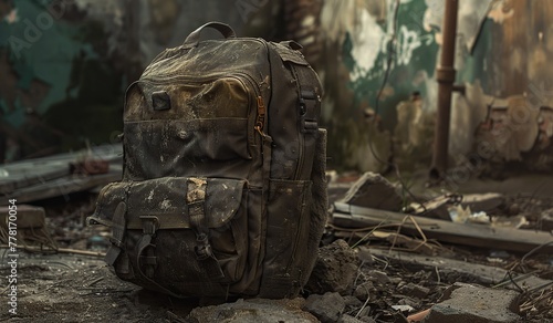 Musty backpack against a backdrop of a ruined building. The concept of being forgotten after a disaster.