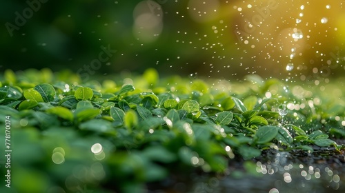 a close up of a sprinkle of water on a patch of grass with green leaves in the foreground.