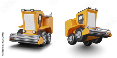 Realistic harvester in different positions. Heavy agricultural machinery