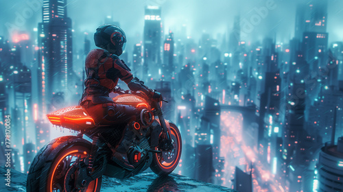 On the fringes of a cybernetic society, a rebellious youth speeds through neon-lit alleyways on a customized bike, evading surveillance with every turn-3