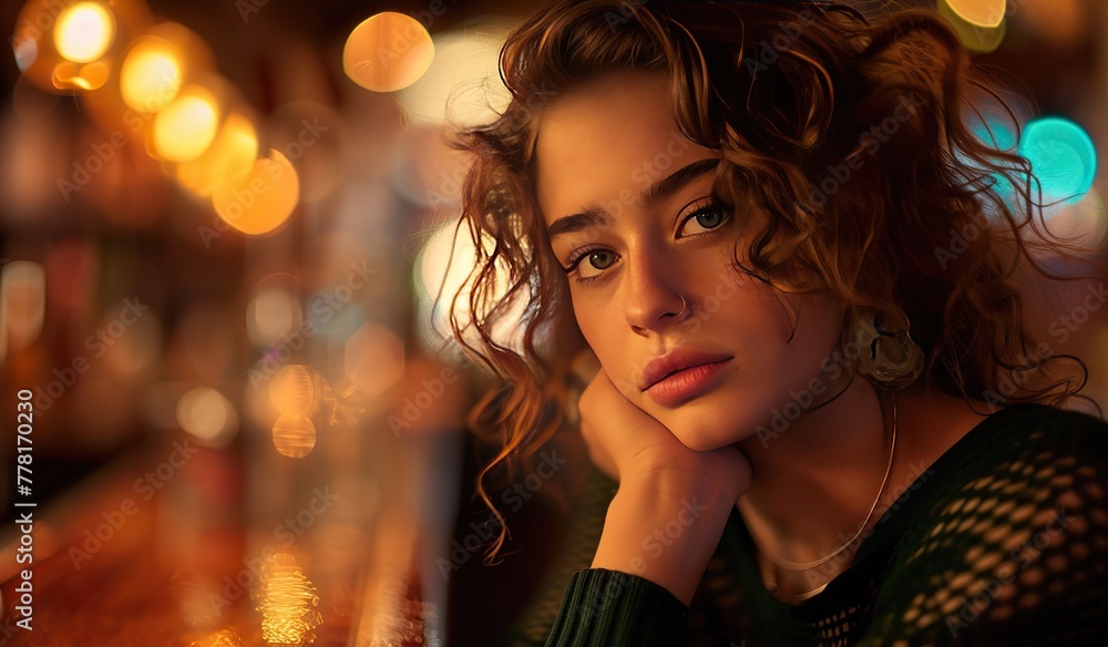 Young woman with curly hair at a bar counter with a bokeh background. The concept of evening relaxation and urban life.