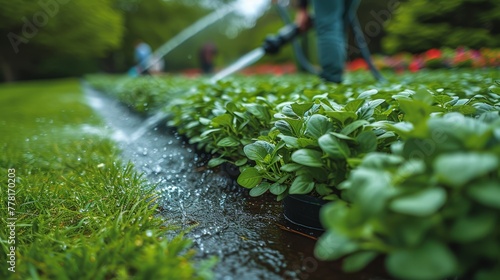 a person watering plants in a field with a hose attached to a sprinkler in the foreground.