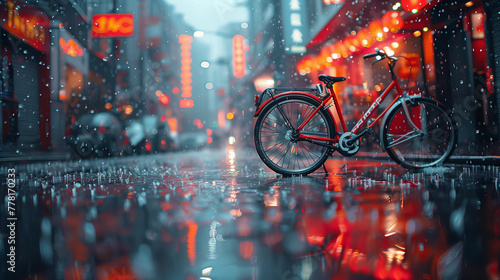 Raindrops create a mesmerizing spectacle around a parked bicycle, transforming the city into a canvas of liquid art-2